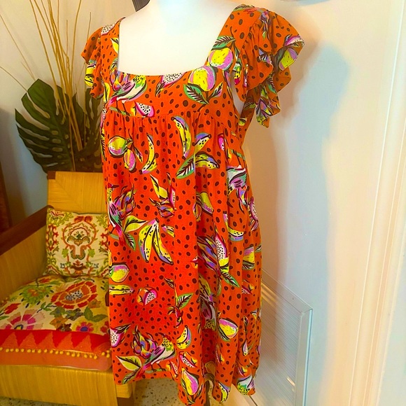 ANTHROPOLOGIE KOURT Burnt Orange Fruit & Dot Print Babydoll Dress! Rayon Linen! - Picture 2 of 16